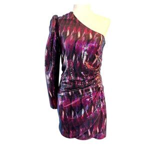 NWT USA Made MISA 1 Shoulder Fully Sequined Purple Pink Mini Cocktail Dress XS
